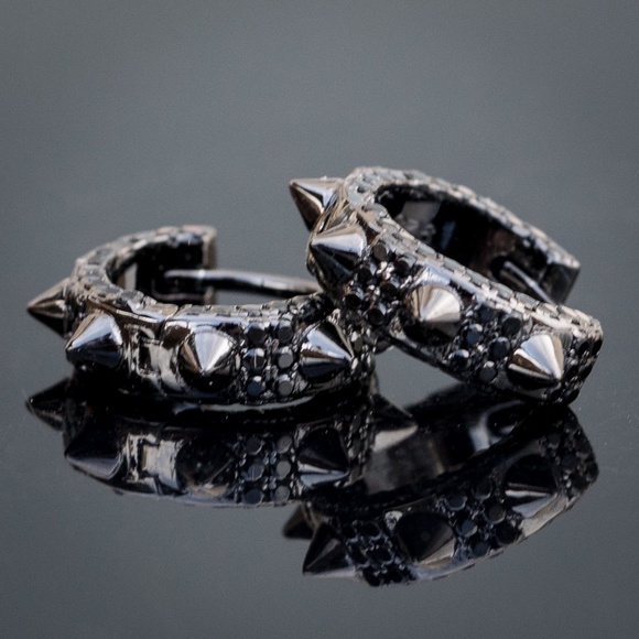 Black Onyx Plated Mini Thorn Spiked Men's Iced Cz Huggie Hoop Earrings - Picture 2 of 5